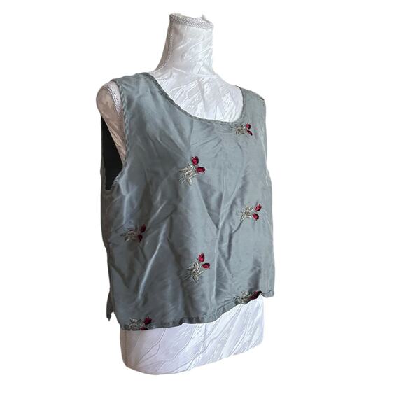 Vintage Sage Red Rose Embroidery Silk Shirt Womens Sz Medium Fall Fairy Feminine - Picture 3 of 16